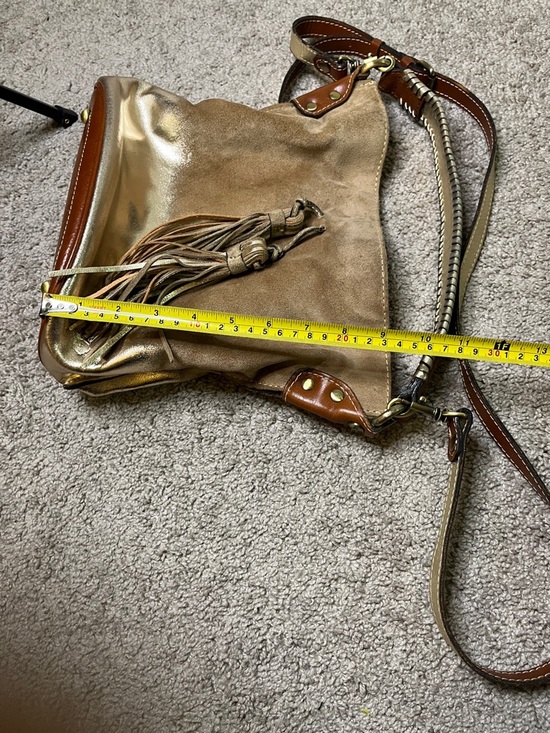 Patricia Nash Otavia Metallic Dip Dye Bucket Bag Tan Gold Leather Suede Tassel